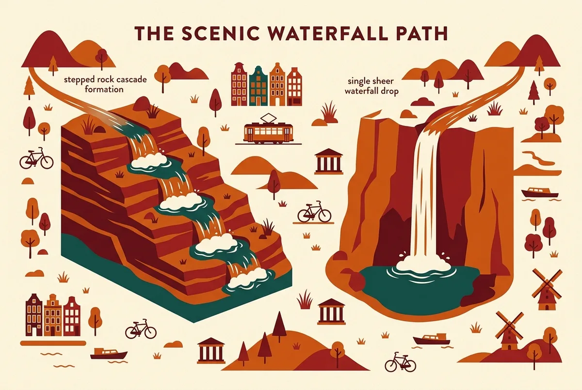Simple labeled diagram of a stepped rock cascade formation compared against a single sheer waterfall drop, generic terrain icons only