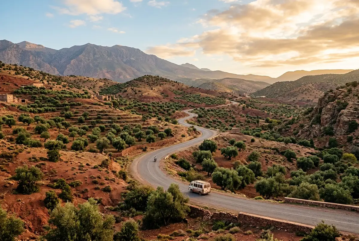 Carretera sinuosa de muntanya entre oliverars i terra vermella de les estribacions cap a les Cascades d'Ouzoud amb llum de mig matí