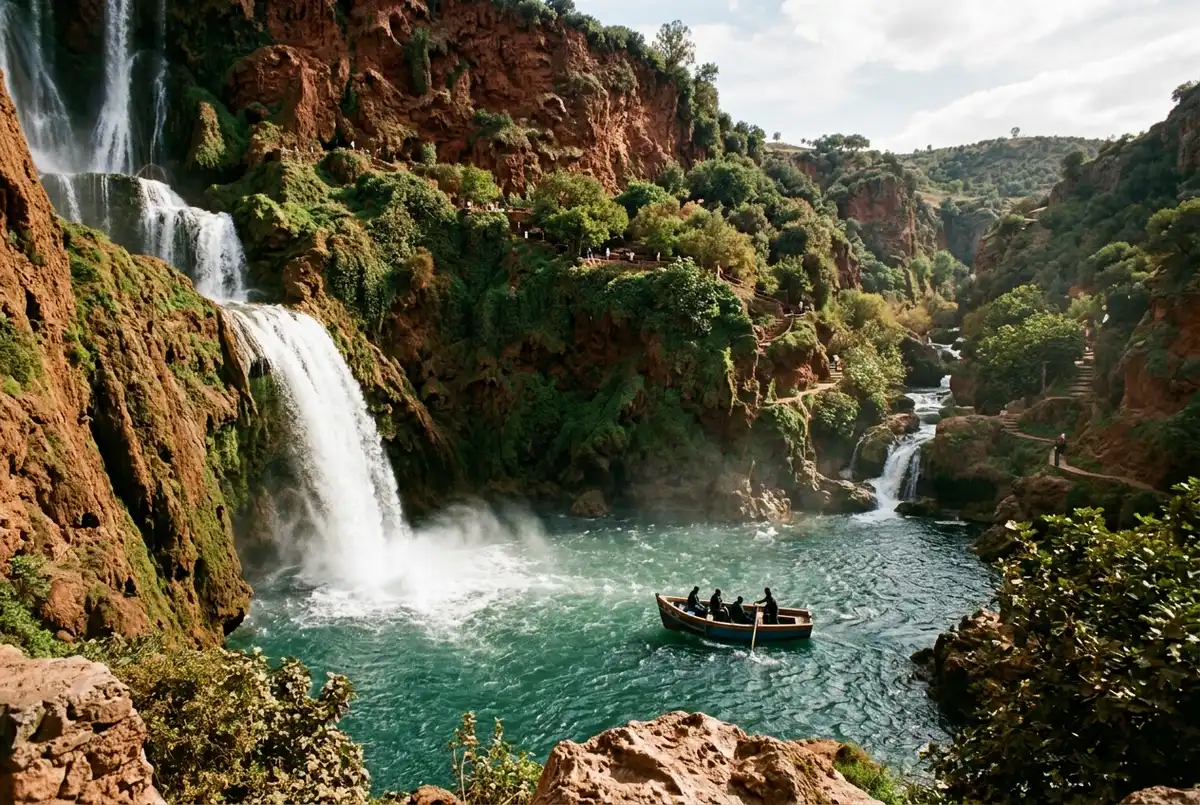 Cascades d'Ouzoud tombant sur des falaises calcaires rouges dans les gorges, avec une barque en bois traditionnelle traversant le bassin au pied des chutes près de Marrakech, au Maroc