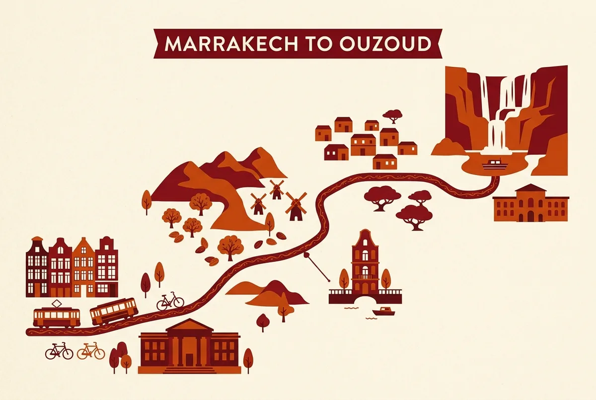 Illustration façon carte montrant le trajet de Marrakech aux Cascades d'Ouzoud à travers les contreforts du Moyen Atlas, avec l'arrêt d'Afourer et la coopérative d'argan de Tanaghmeilt