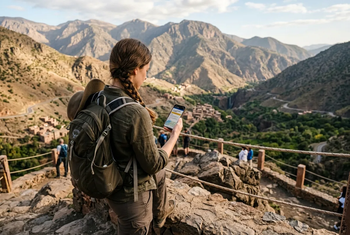 Voyageur consultant une carte de voyage et un téléphone dans une rue marocaine calme et ensoleillée, ambiance rassurante et quotidienne