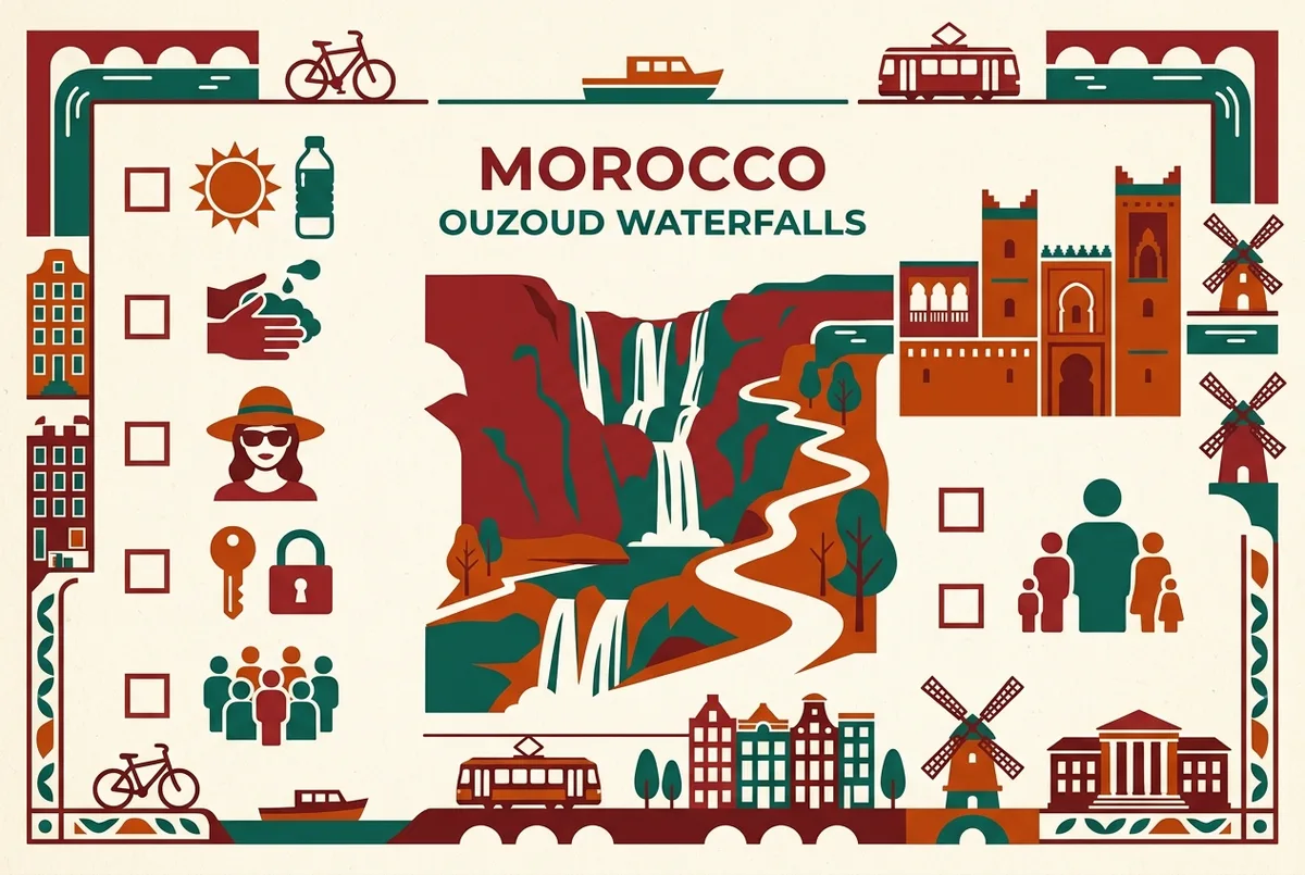 Icône simple de bouclier de sécurité au-dessus d'une carte stylisée du Maroc avec un guide et un petit groupe de voyageurs, style infographique sans texte chiffré