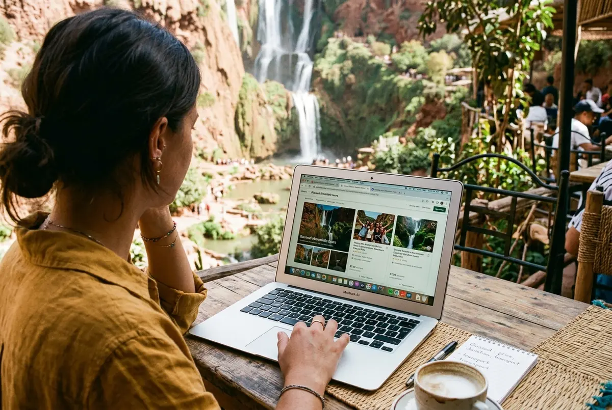 Voyageur comparant deux applications de réservation de voyage sur un smartphone, écran affichant une excursion aux Cascades d'Ouzoud, tasse de café marocain à côté, lumière du matin