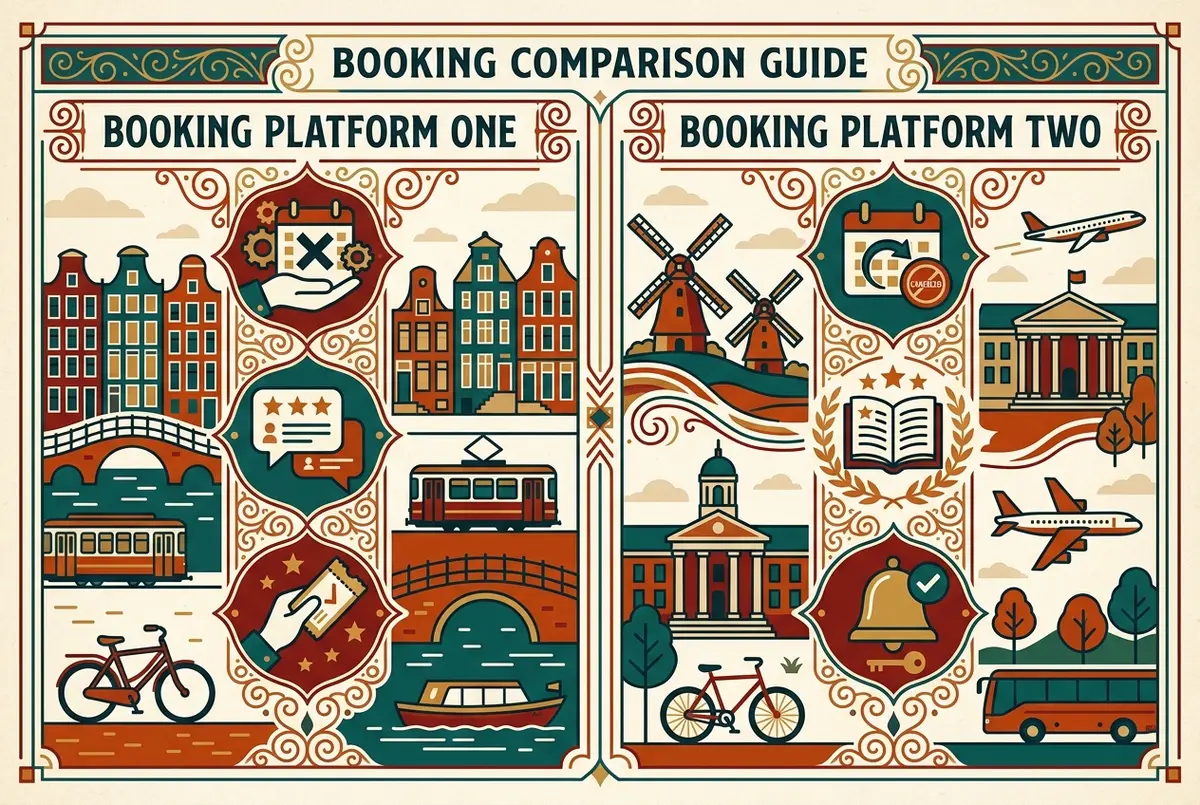 Infographie plate comparant deux icônes de plateformes de réservation de voyage sur fond neutre, colonnes annulation gratuite, avis vérifiés et confirmation instantanée, icônes simples sans texte chiffré
