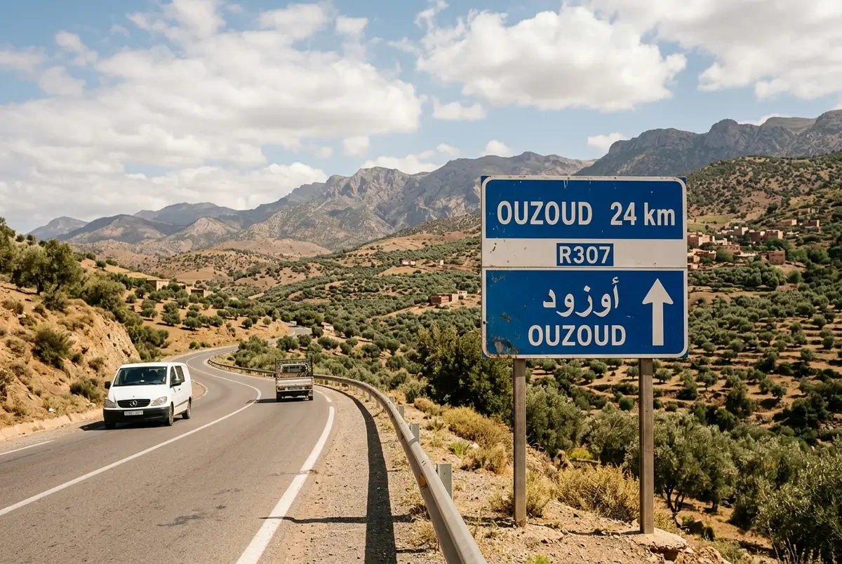Senyal de carretera indicant la distància fins a les Cascades d'Ouzoud amb les estribacions de l'Atles i oliverars a l'horitzó, llum de migdia