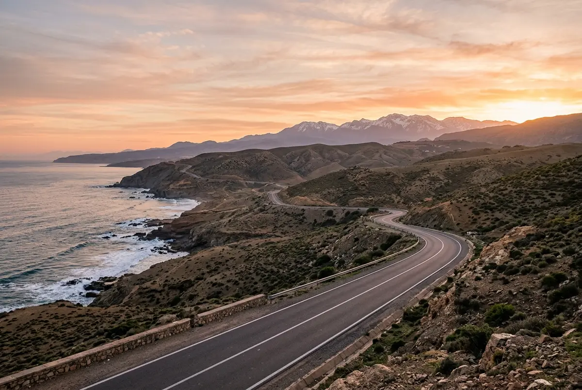 Long coastal highway stretching from Agadir toward the Atlas Mountains foothills near Ouzoud Waterfalls, dawn light, empty road