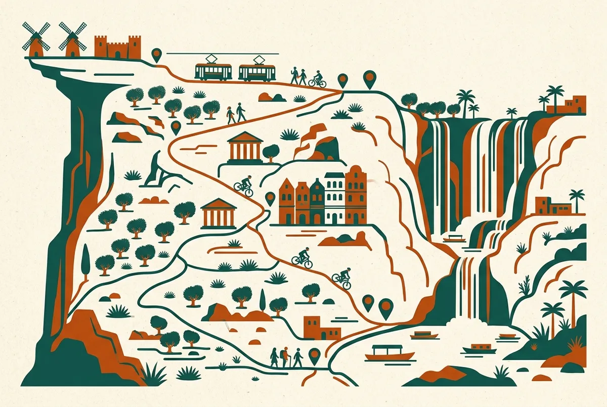 Simple elevation profile diagram of the Ouzoud Waterfalls trail from the clifftop viewpoint down to the base of the falls, labeled with generic stop markers only