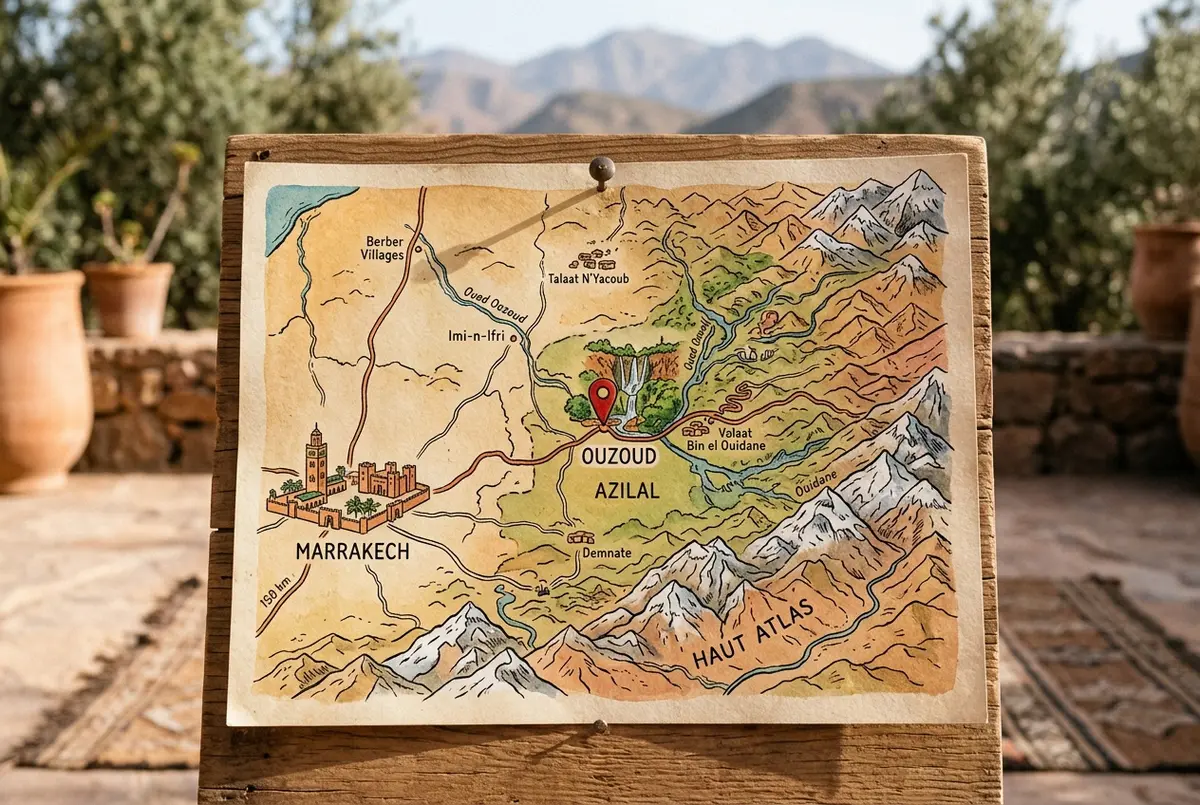 Illustrazione in stile mappa che indica la posizione delle cascate di ouzoud nella provincia di Azilal in Marocco con Atlante e Marrakech segnati in scala