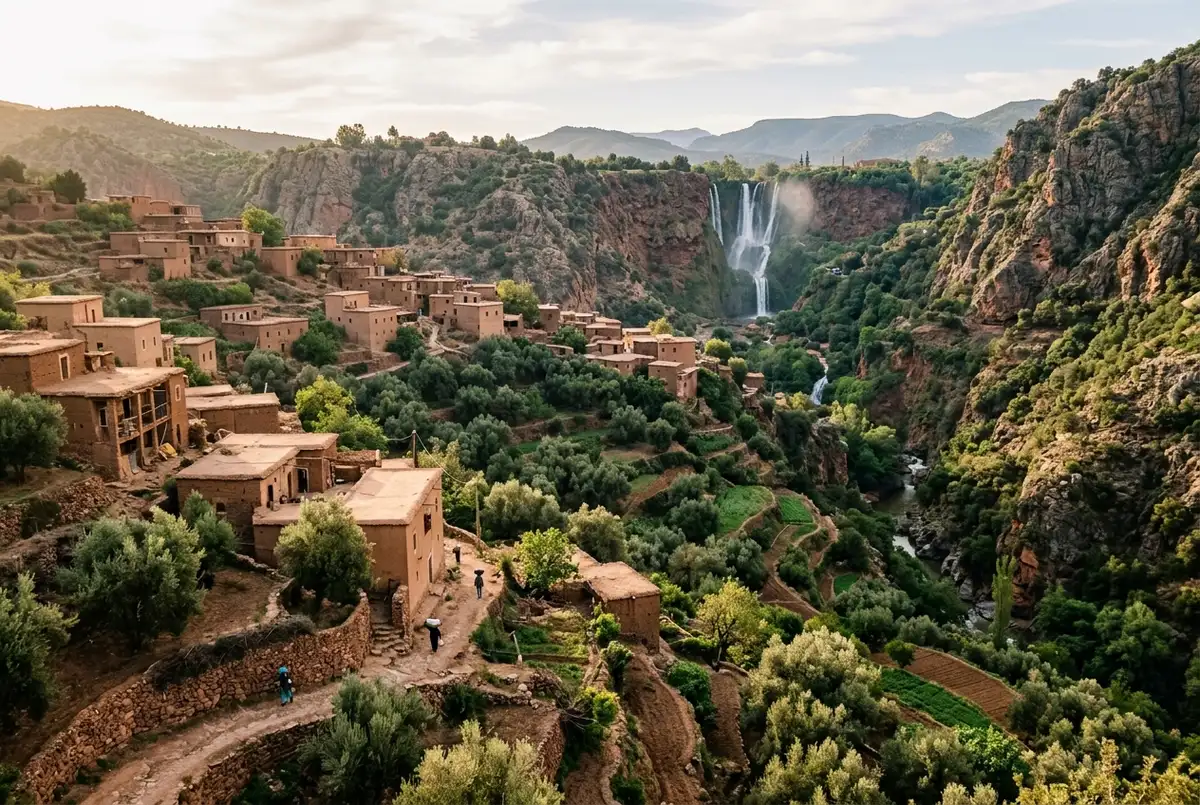 Village berbère traditionnel aux toits de terre ocre accroché aux gorges d'Ouzoud, oliviers en terrasses et femme travaillant près d'un pressoir à huile d'argan