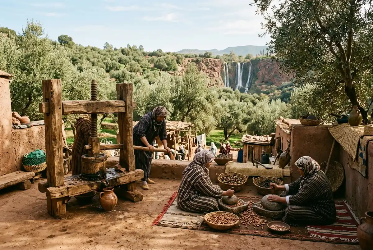 Infographie illustrant la chronologie simple d'un pressoir à olives traditionnel berbère près d'une rivière de montagne, icônes génériques sans texte chiffré