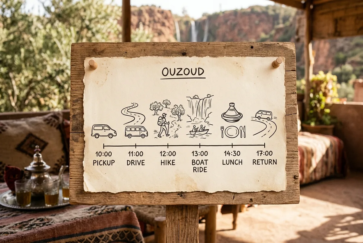 Infographie chronologique montrant les etapes d'une journee type aux cascades d'Ouzoud, icones route, marche, escaliers, bateau et dejeuner, sans texte chiffre