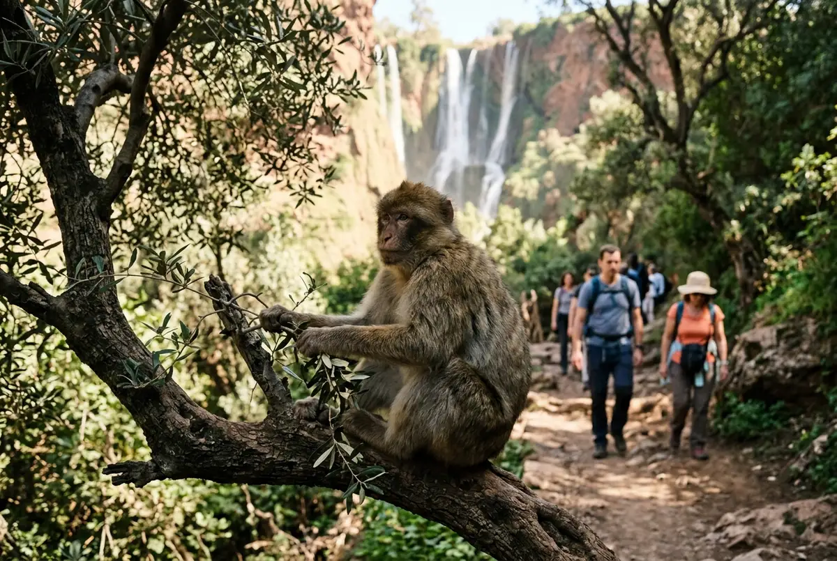 Scimmia magot selvatica seduta su un ramo basso di ulivo lungo il sentiero ombreggiato delle cascate di ouzoud con escursionisti sullo sfondo
