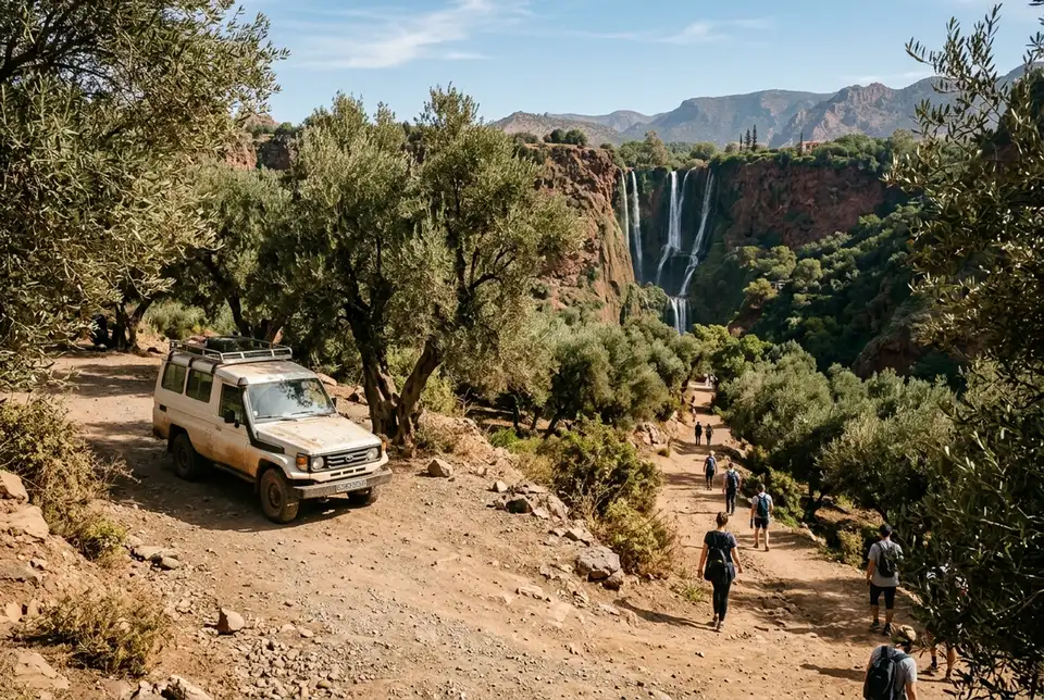 Voiture de location garée sur un parking informel en terre battue près du village d'Ouzoud, gardien local à proximité, sentier vers les cascades visible en arrière-plan