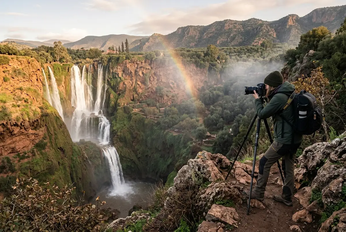 Photographe cadrant les cascades d'Ouzoud depuis un point de vue en haut de la falaise, arc-en-ciel léger dans la brume, lumière dorée de début de matinée