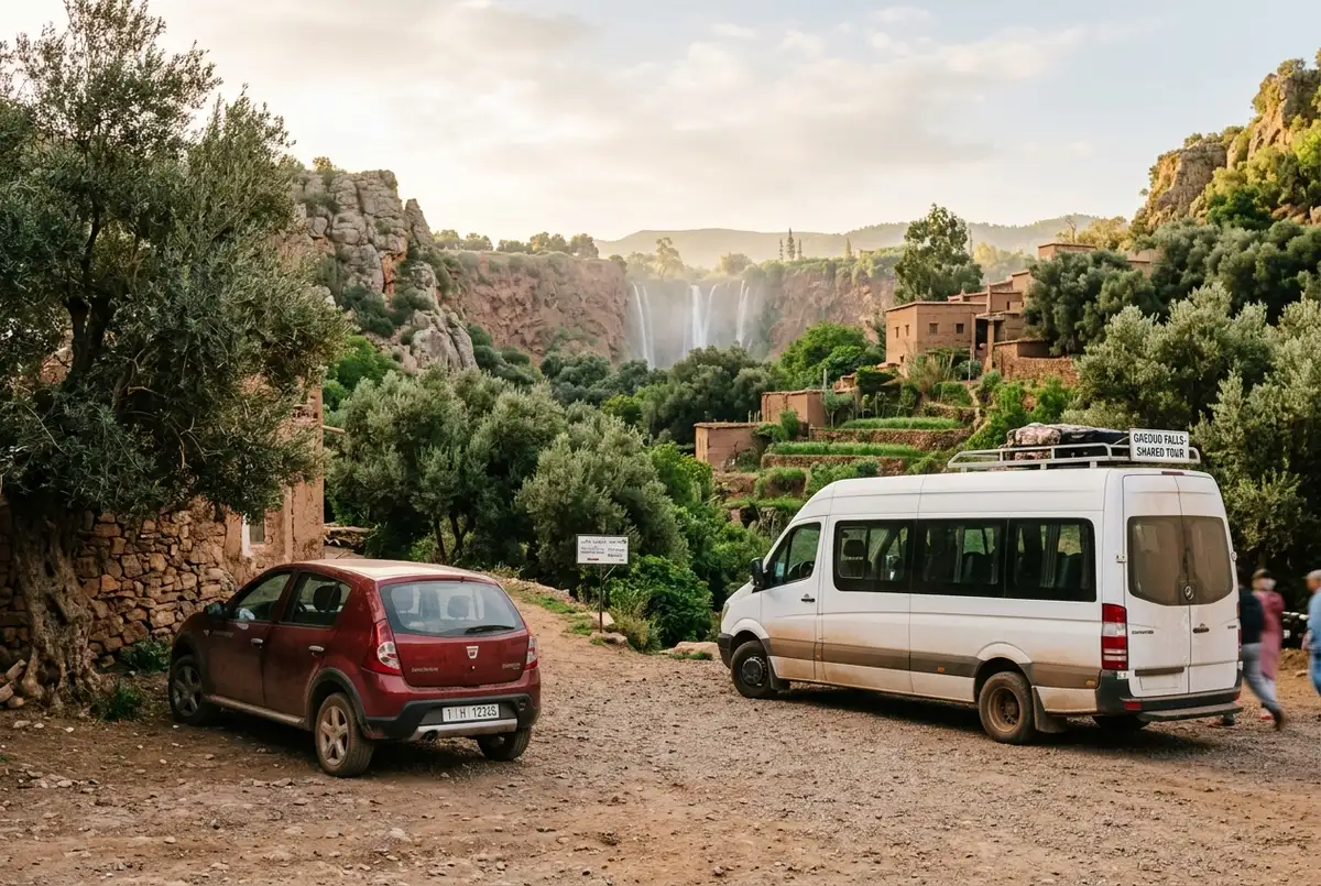 Chauffeur bilingue ouvrant la portière d'un véhicule privé climatisé pour un couple devant un riad à Marrakech, départ en excursion privée vers les Cascades d'Ouzoud, matinée ensoleillée