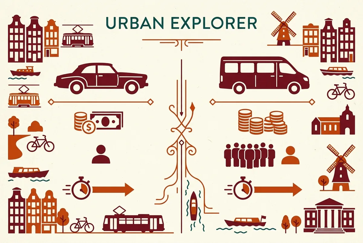 Infographie plate en deux colonnes comparant excursion privée et petit groupe aux Cascades d'Ouzoud, icône véhicule privé à gauche et minibus partagé à droite, labels génériques flexibilité et budget