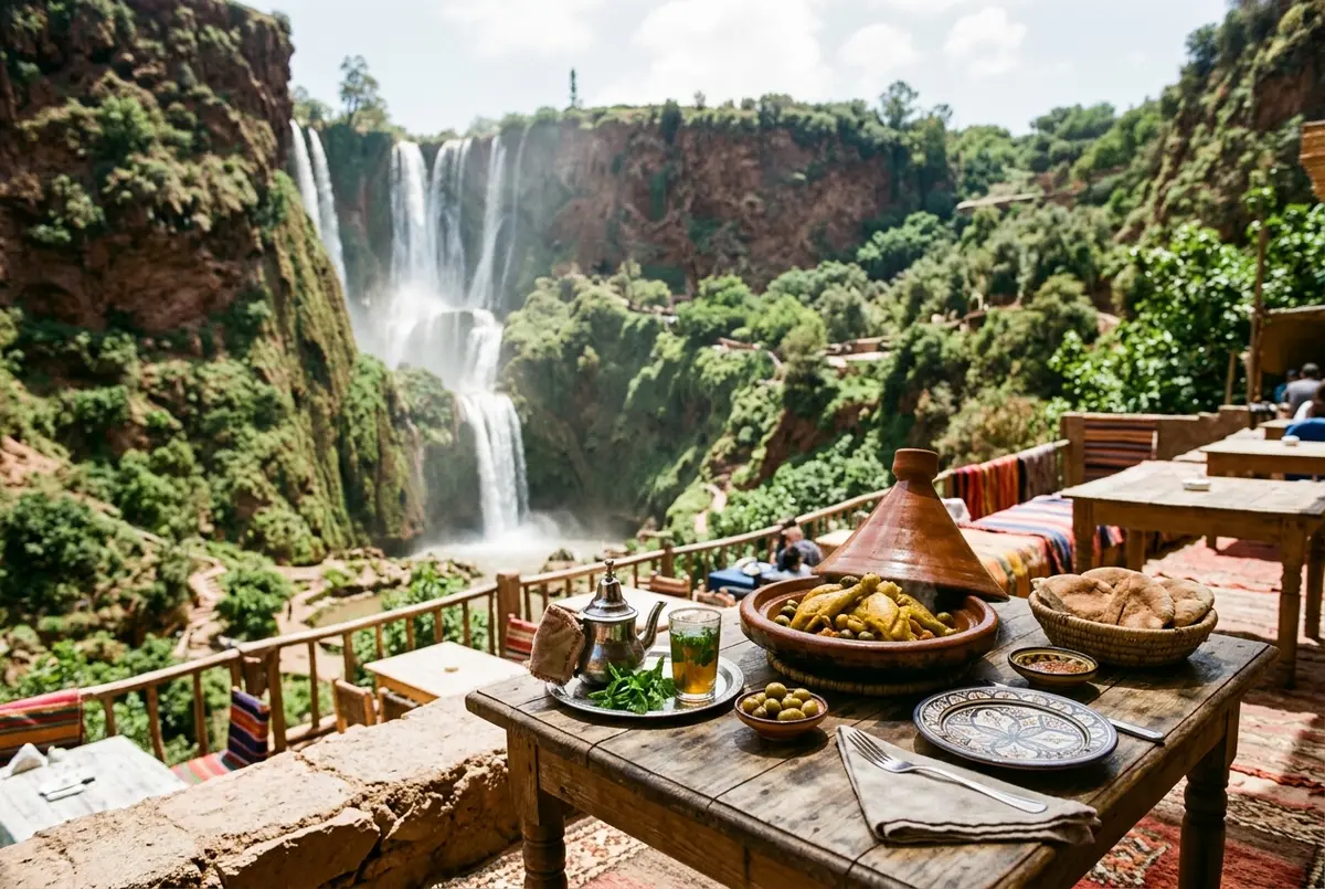 Terrasse en bois d'un restaurant aux cascades d'Ouzoud surplombant les chutes, tables dressees avec vue directe sur l'eau et la brume, lumiere de midi