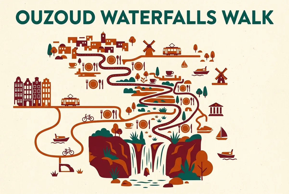 Infographie simple comparant les terrasses de restaurant incluses dans les excursions aux cascades d'Ouzoud et les adresses independantes, icones generiques uniquement, sans texte chiffre