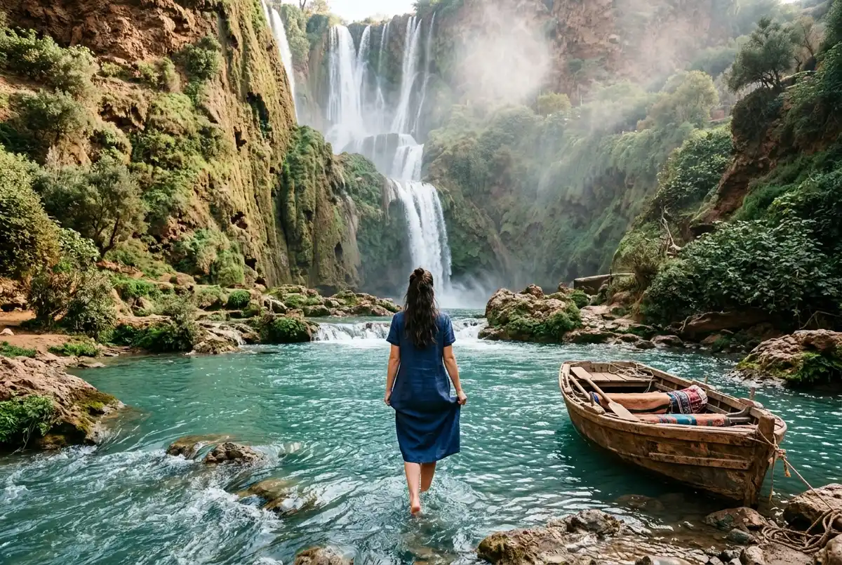 Viatgers banyant-se en una bassa natural calmada sota la cascada principal de les Cascades d'Ouzoud a finals d'estiu amb llum de tarda