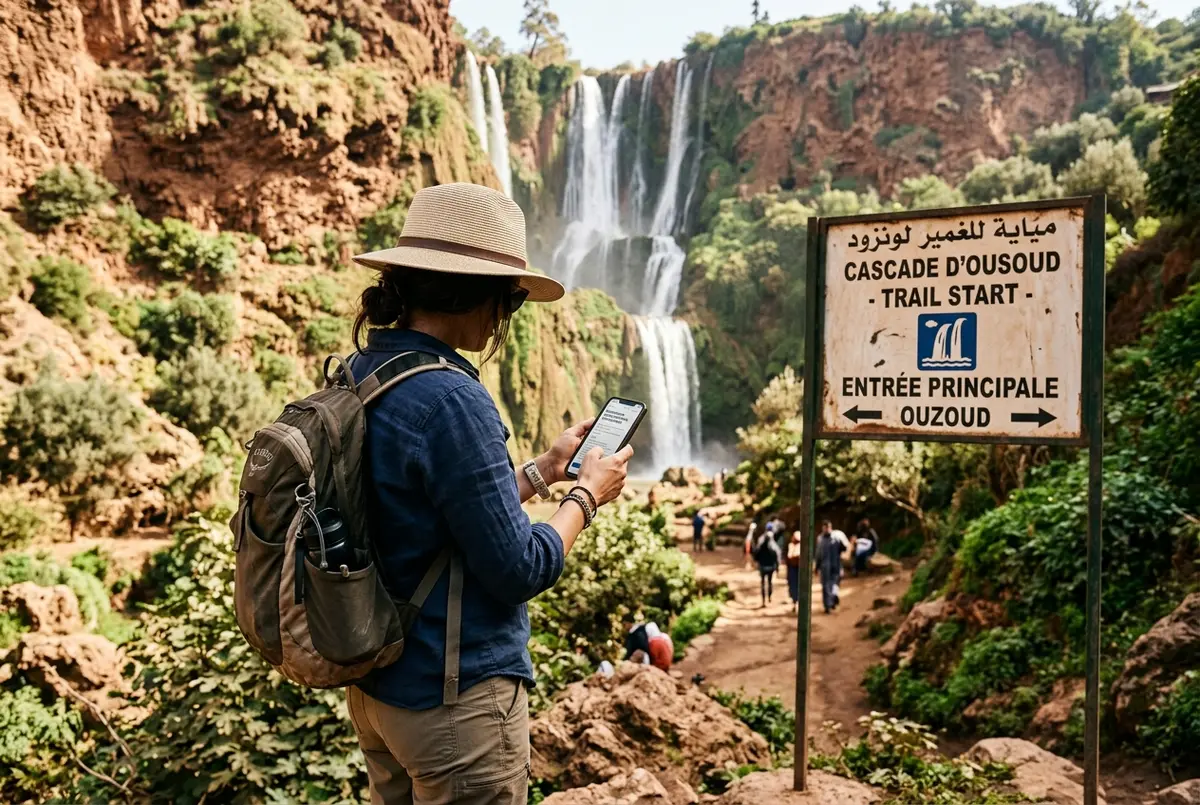 Mano sosteniendo un boleto de excursion junto a un mapa de las cascadas de Ouzoud sobre una mesa de madera con una taza de te a la marroqui de fondo
