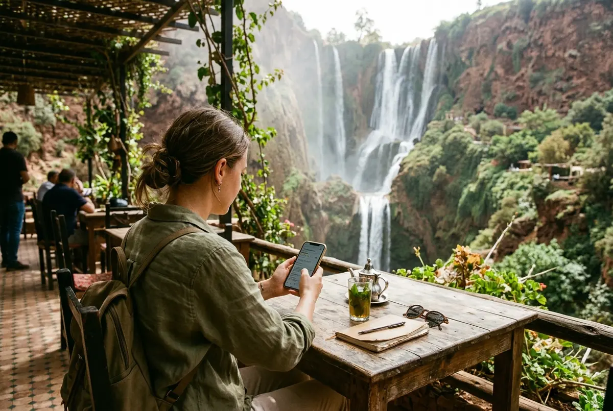 Deux voyageuses échangeant leur avis sur les Cascades d'Ouzoud en comparant leurs photos sur un smartphone juste après la balade en barque, lumière d'après-midi douce