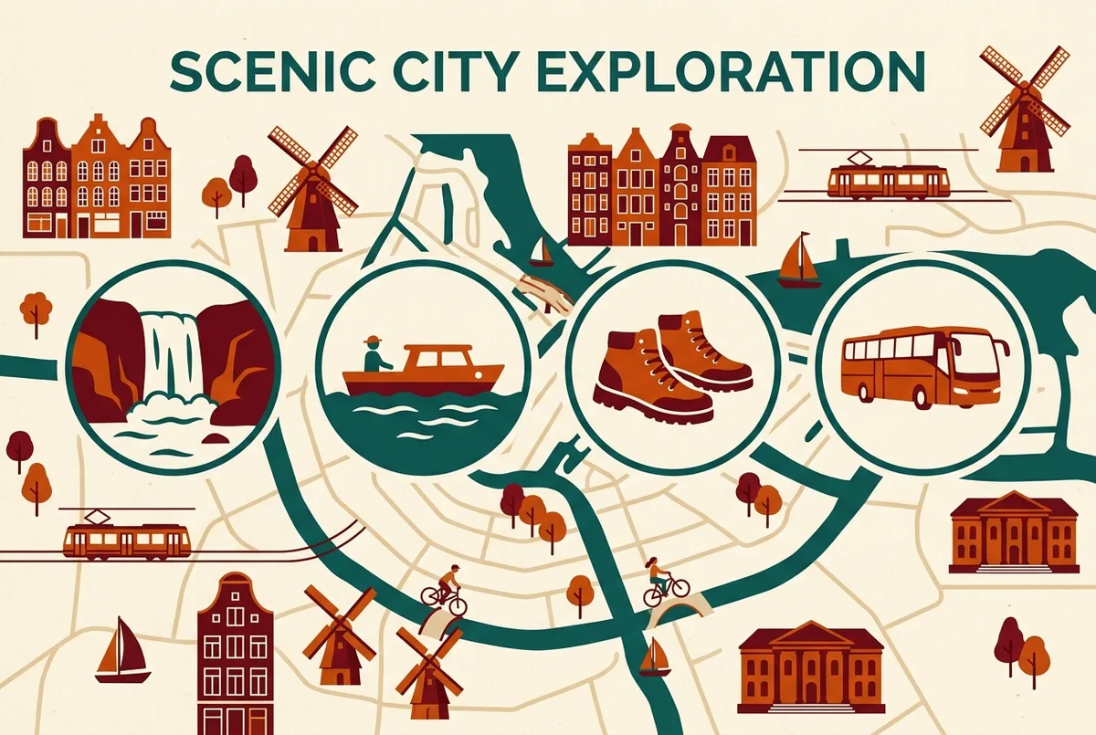 Infographie plate en deux colonnes résumant les avis sur les Cascades d'Ouzoud, points forts à gauche comme la barque et le sentier, points faibles à droite comme le trajet et les vendeurs, icônes simples sans texte chiffré