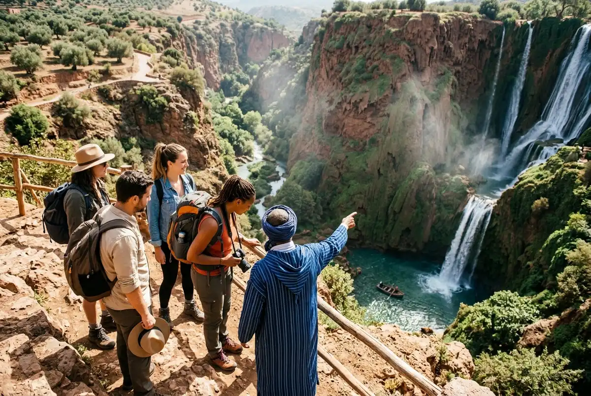 Minibus turistico saliendo de Marrakech al amanecer camino de la excursion a las cascadas de Ouzoud con el Atlas Medio dibujado en el horizonte