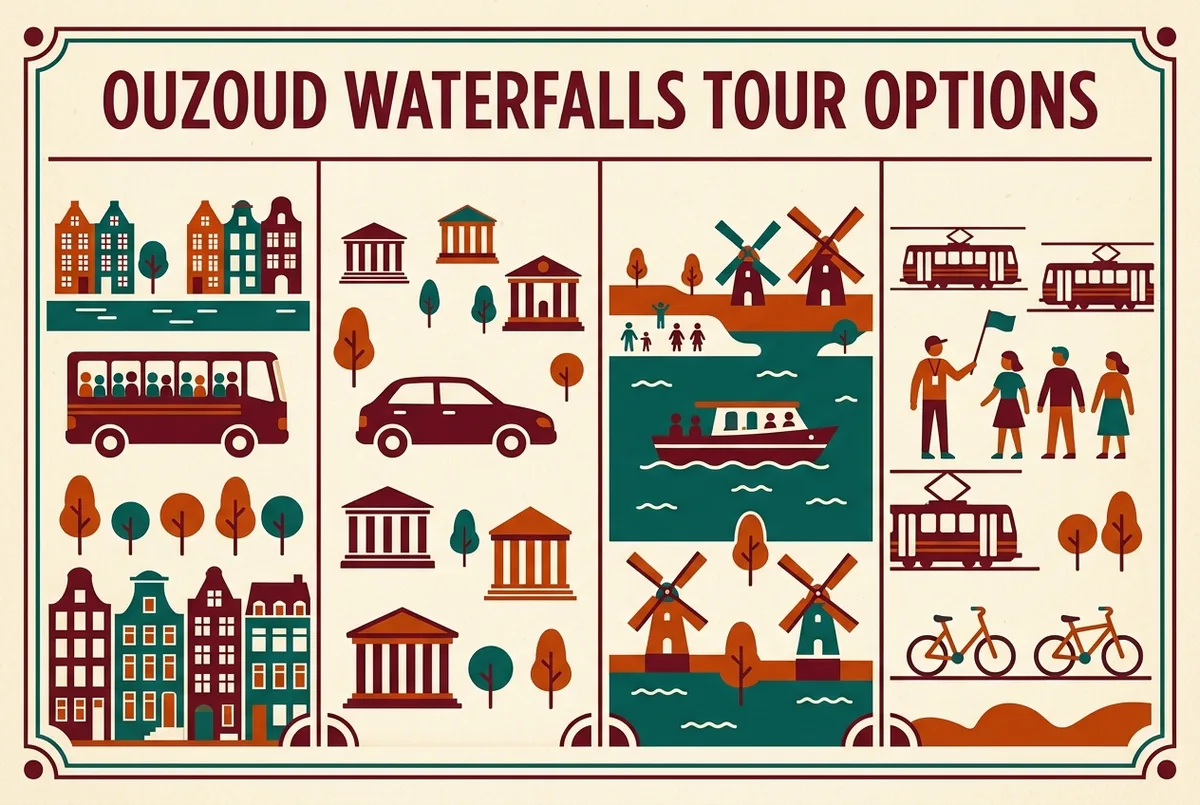 Infografia comparativa mostrando iconos de las distintas excursiones a las cascadas de Ouzoud agrupadas por precio y formato con etiquetas genericas de tipo de vehiculo y numero de personas