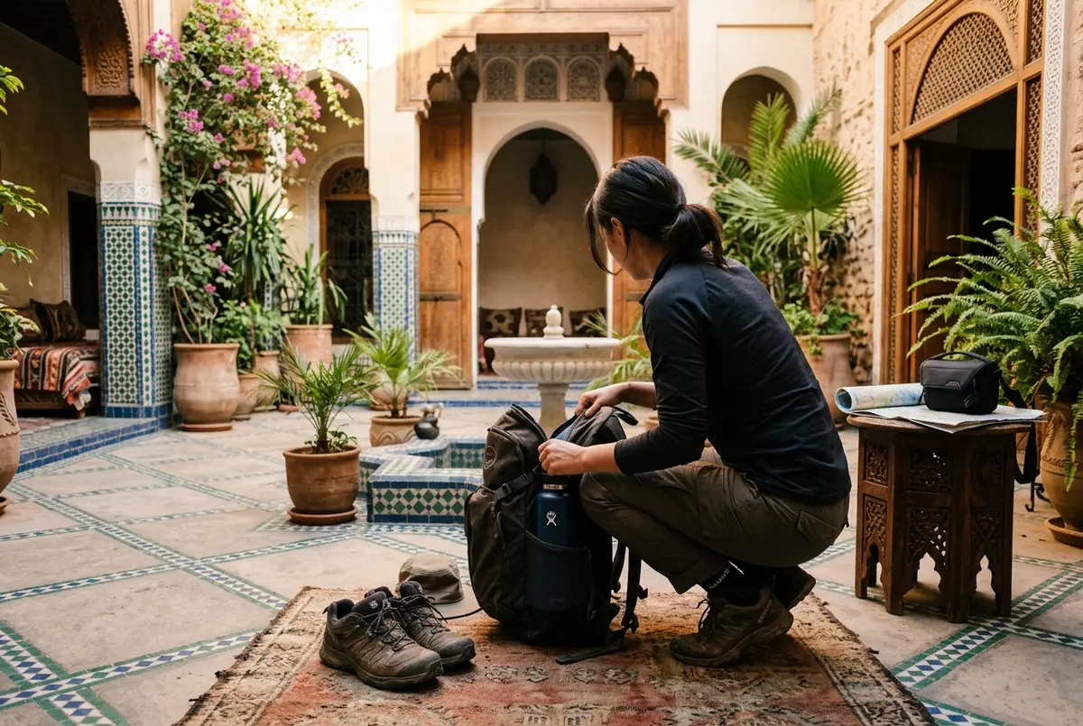 Viaggiatore che controlla uno zaino da giornata con scarpe da trekking e una borraccia in un cortile di un riad a marrakech prima di partire per capire cosa fare alle cascate di ouzoud