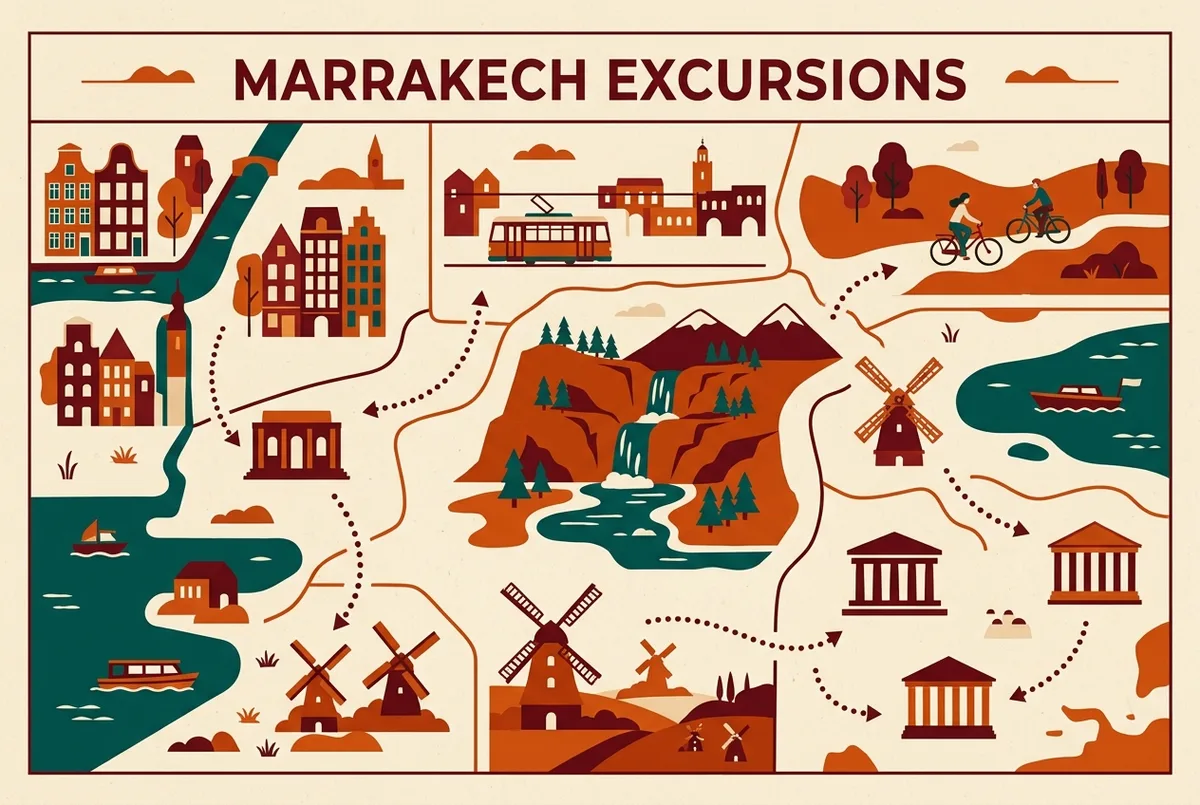 Infografia semplice di un itinerario giorno per giorno che mostra come abbinare cascate di ouzoud cosa fare con altre escursioni da marrakech in un soggiorno piu lungo, solo icone generiche