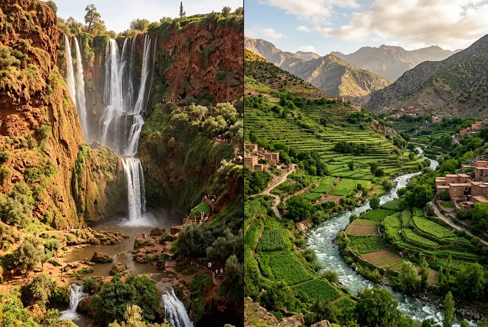 Composizione divisa che mette a confronto le cascate di ouzoud a gradoni su roccia rossa da un lato e la valle verde terrazzata dell'ourika con il suo fiume dall'altro sotto una luce calda pomeridiana