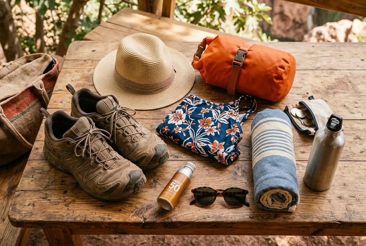 Mochila de senderismo abierta sobre una roca junto a las cascadas de Ouzoud mostrando calzado de trekking bañador y protector solar