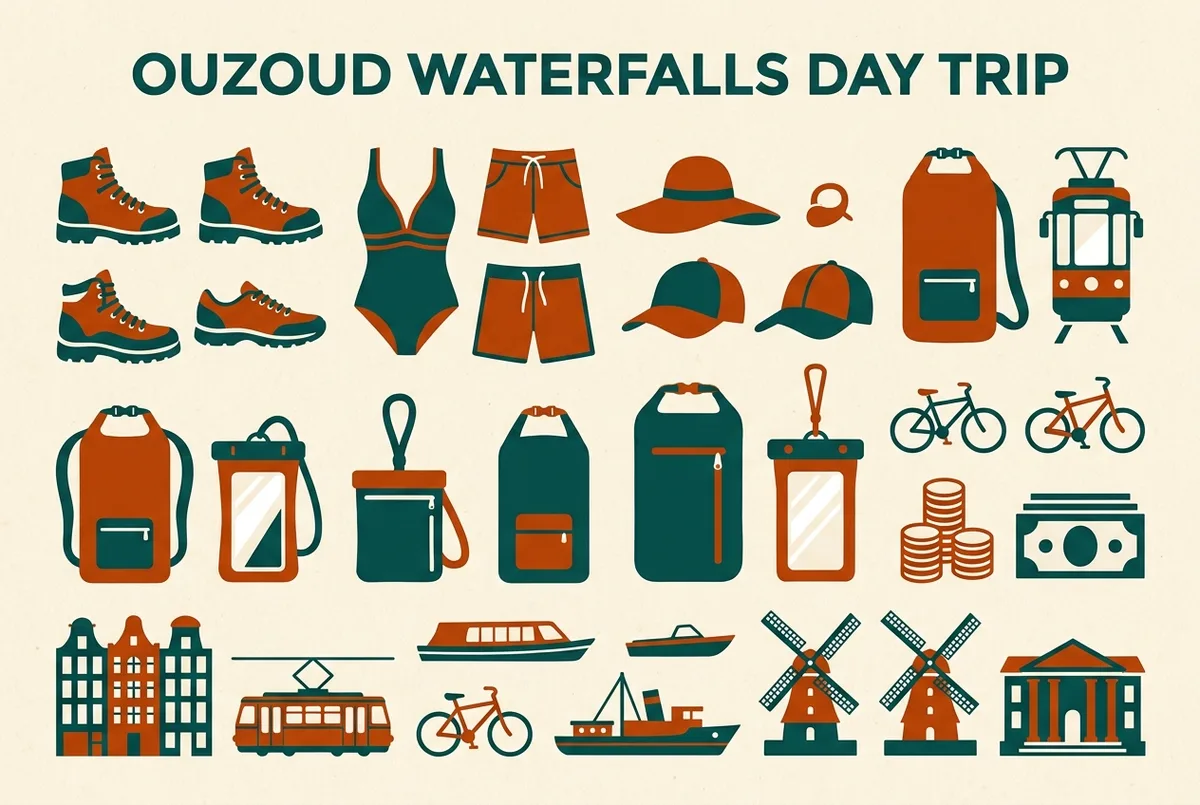 Lista visual tipo infografia mostrando iconos genericos de calzado de trekking bañador protector solar y efectivo para la excursion a las cascadas de Ouzoud