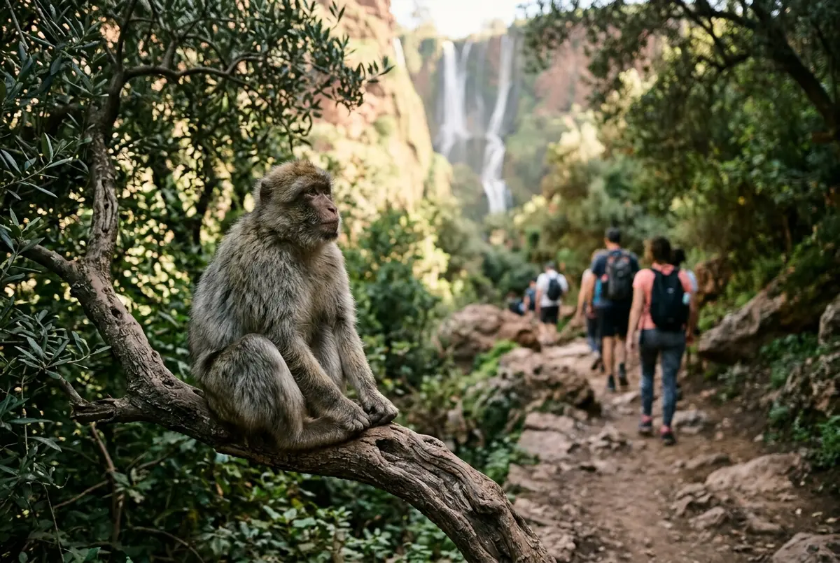 Wilder Berberaffe sitzt auf einem niedrigen Olivenbaumzweig entlang des schattigen ouzoud wasserfälle affen Wanderwegs, Wanderer im Hintergrund, weiches Nachmittagslicht