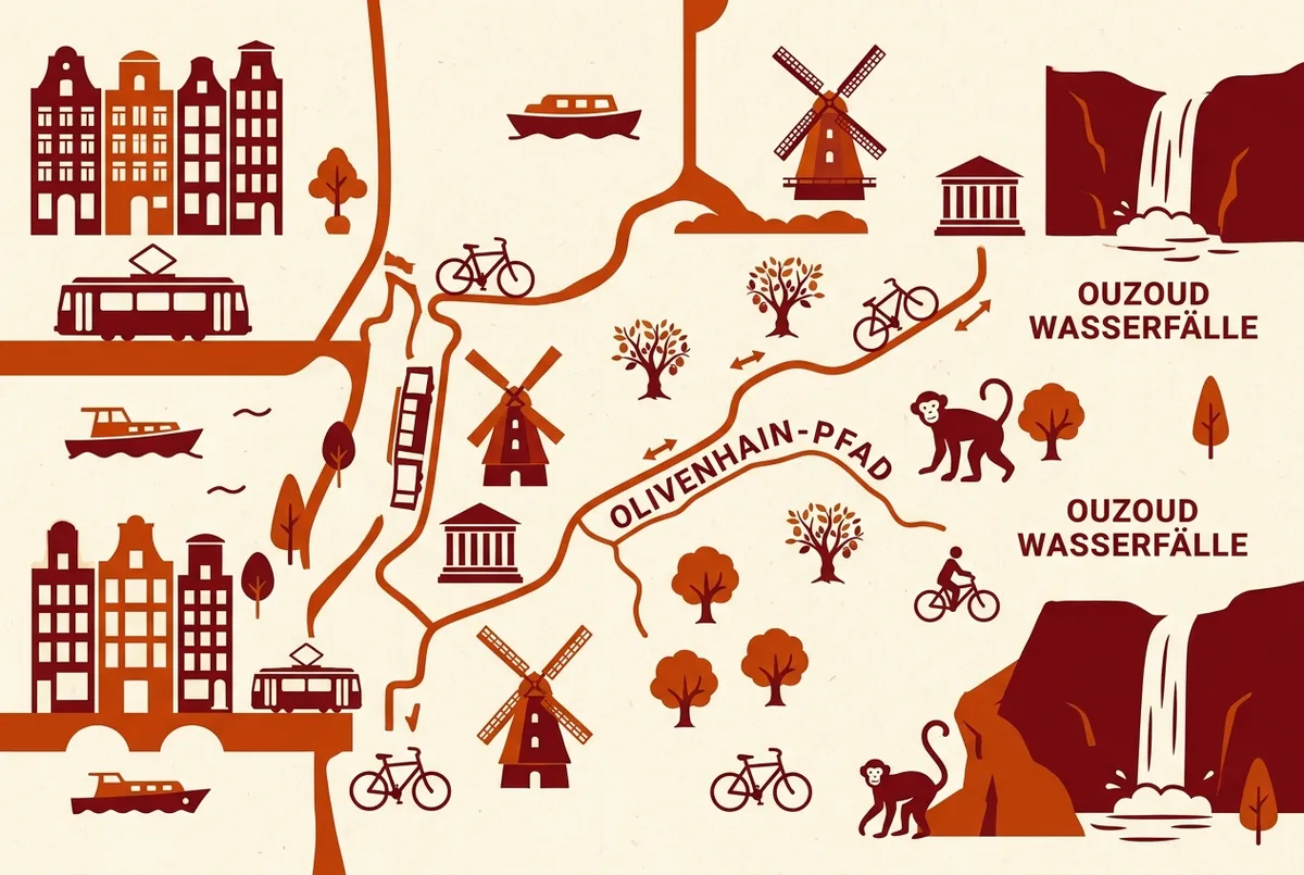 Einfache Wegkarten-Illustration mit den besten Beobachtungsstellen für ouzoud wasserfälle affen und den Schwimmbecken entlang des Olivenhain-Pfads, nur generische Icons