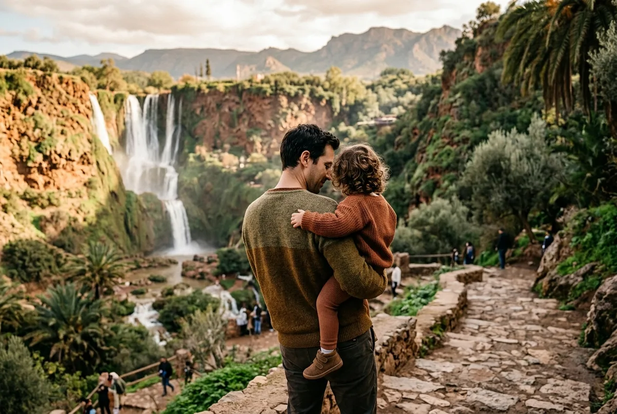 Famille avec deux enfants marchant main dans la main sur un sentier ombrage vers les cascades d'Ouzoud, guide local souriant devant eux