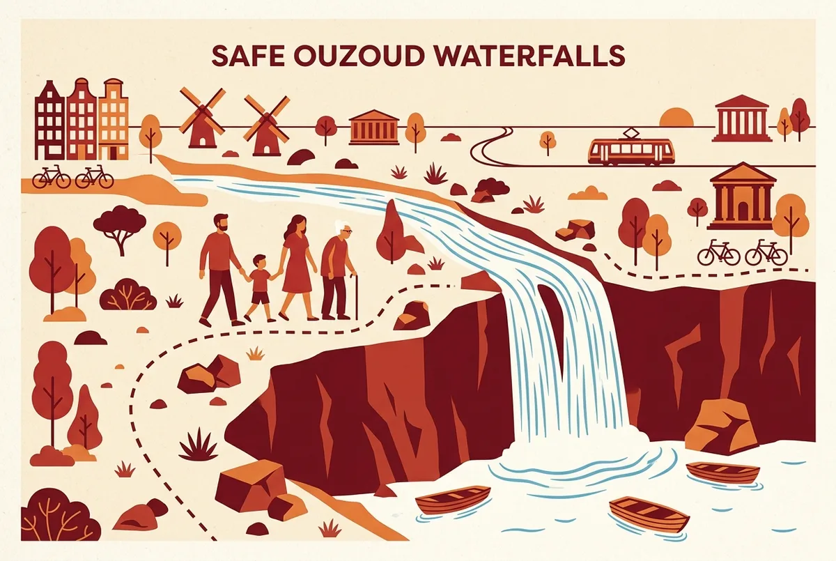 Infographie plate comparant trois profils d'age d'enfants face a la difficulte du sentier des cascades d'Ouzoud, icones marche, poussette et bateau, sans texte chiffre