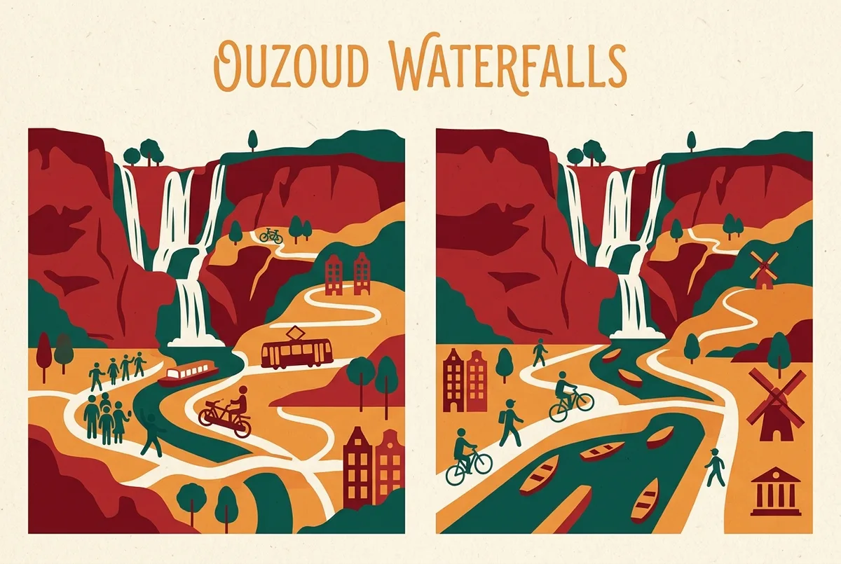 Simple comparison infographic contrasting a guided visitor icon with a solo independent visitor icon at Ouzoud Waterfalls, generic labels only