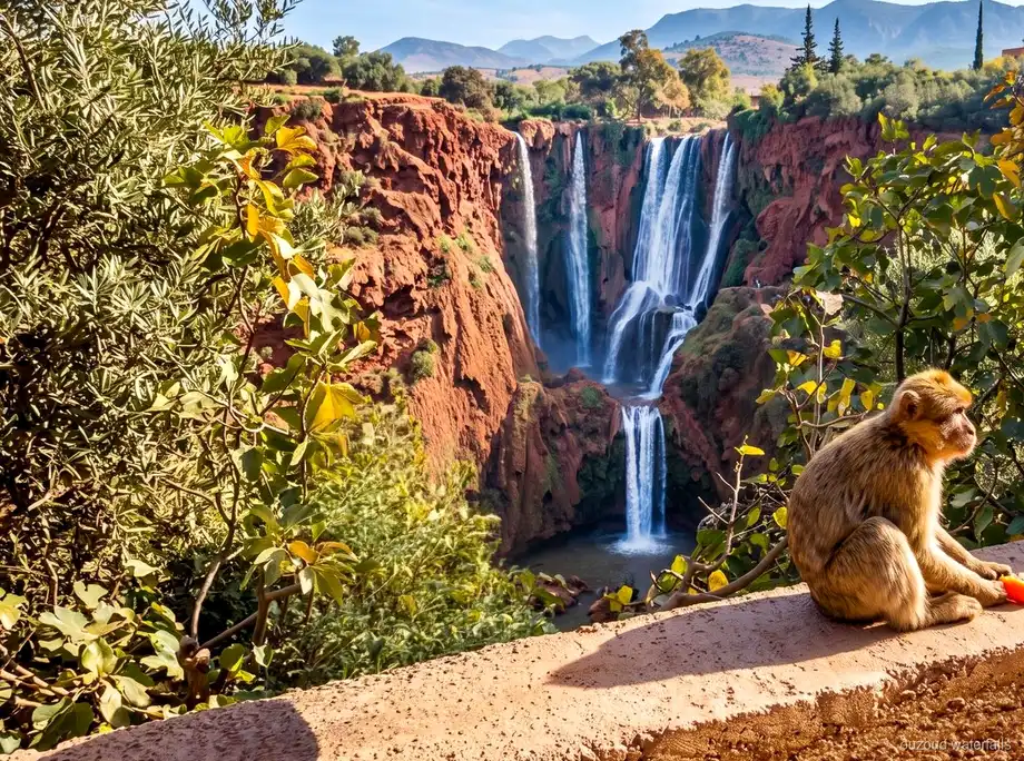 Panoramic viewpoint over Ouzoud Waterfalls on the budget day trip from Marrakech